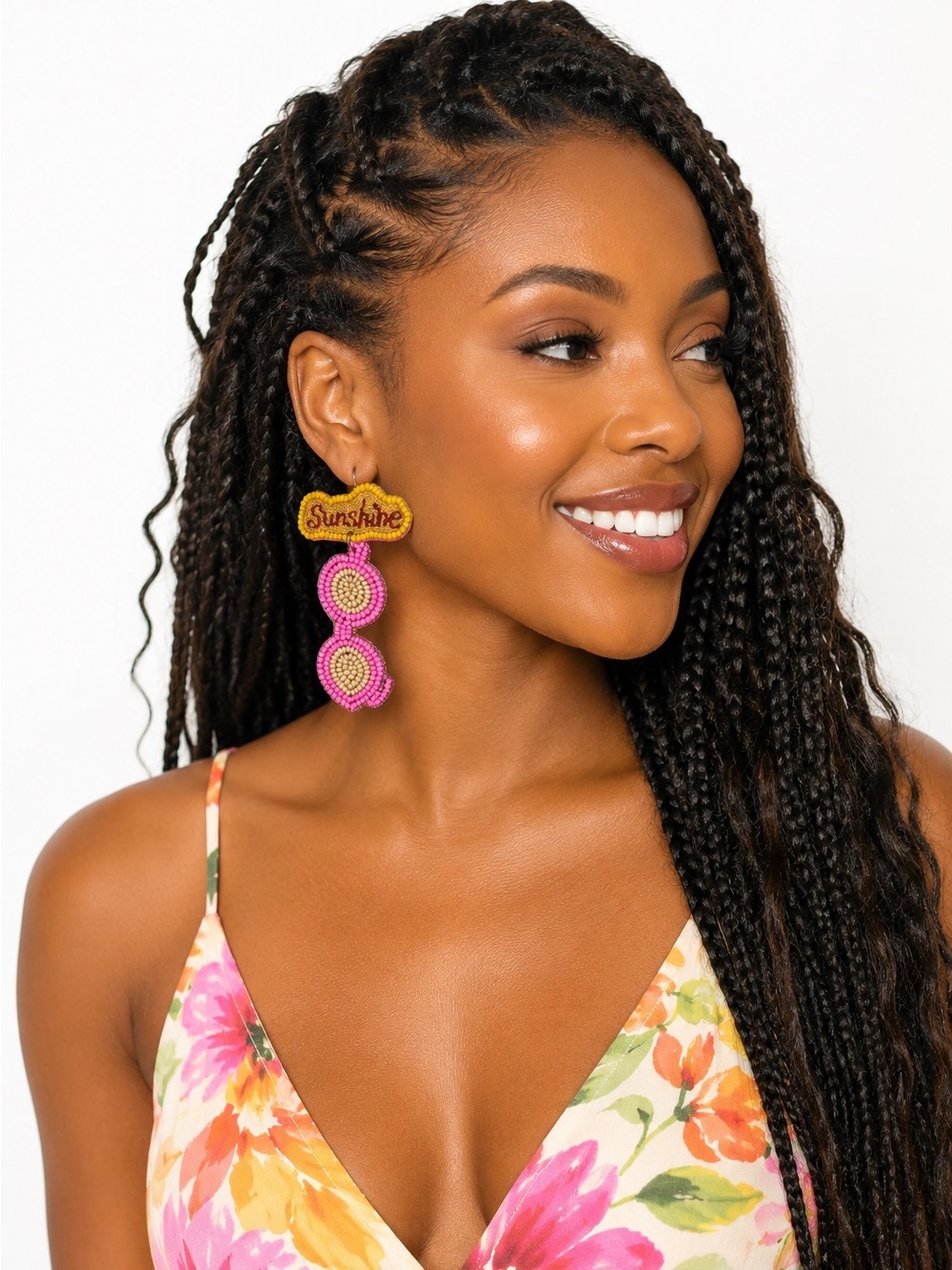 Kay Lee Sunshine Pink Yellow Beaded Statement Drop Earrings